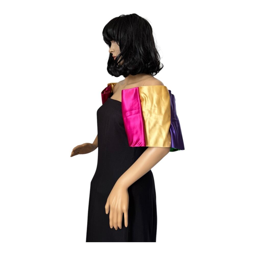 Vintage 80's black with off shoulder multi colors puff satin sleeves size s-m - Picture 9 of 16